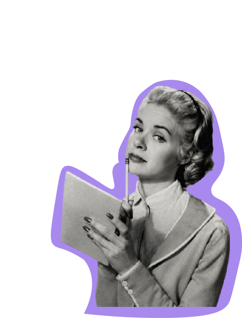 Collage retro: una mujer toma nota con lápiz y anotador