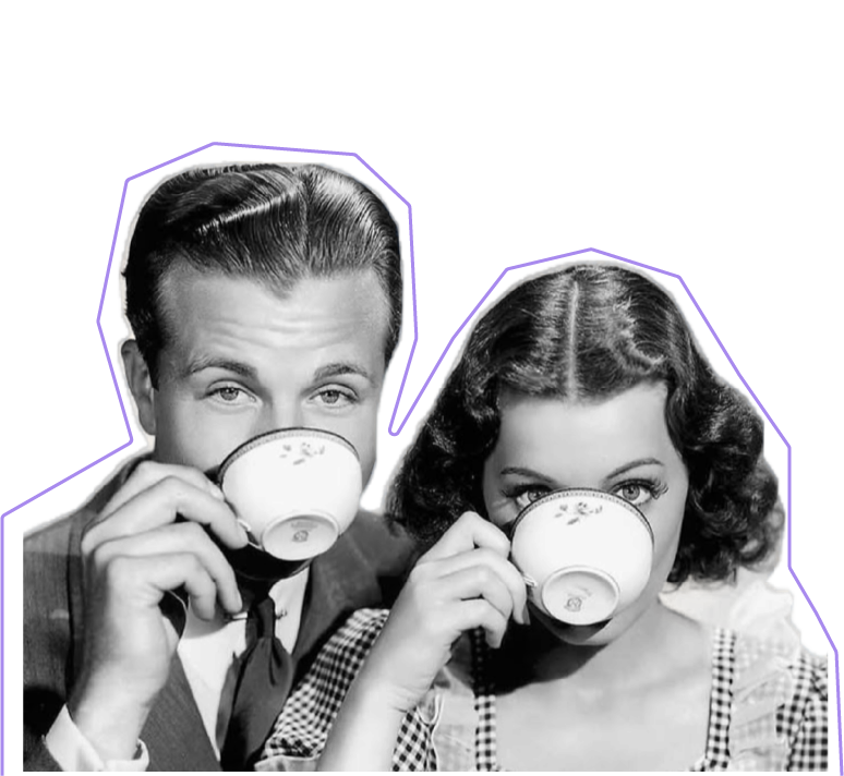 Collage retro de la identidad de Impulsa: una pareja toma el té