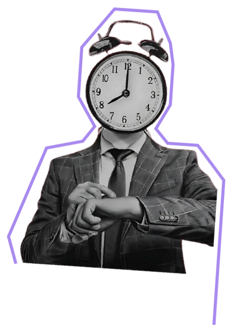 Collage retro: un hombre de traje con un reloj despertador por cabeza mira la hora